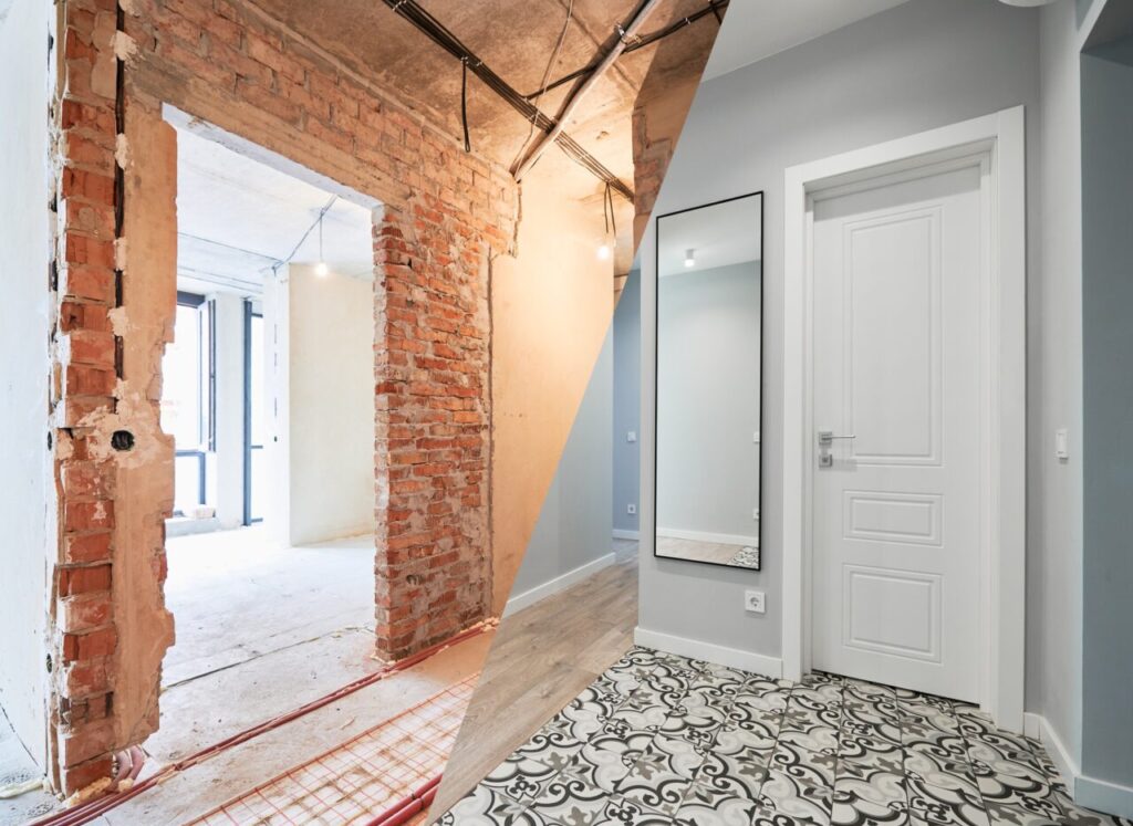 Apartment with doors before and after renovation.